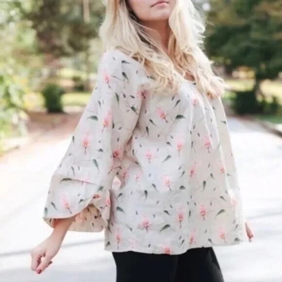 Anthropologie HD in Paris “Linen” Flowy Floral Top Bubble Sleeve Artsy Lagenlook - Picture 3 of 10